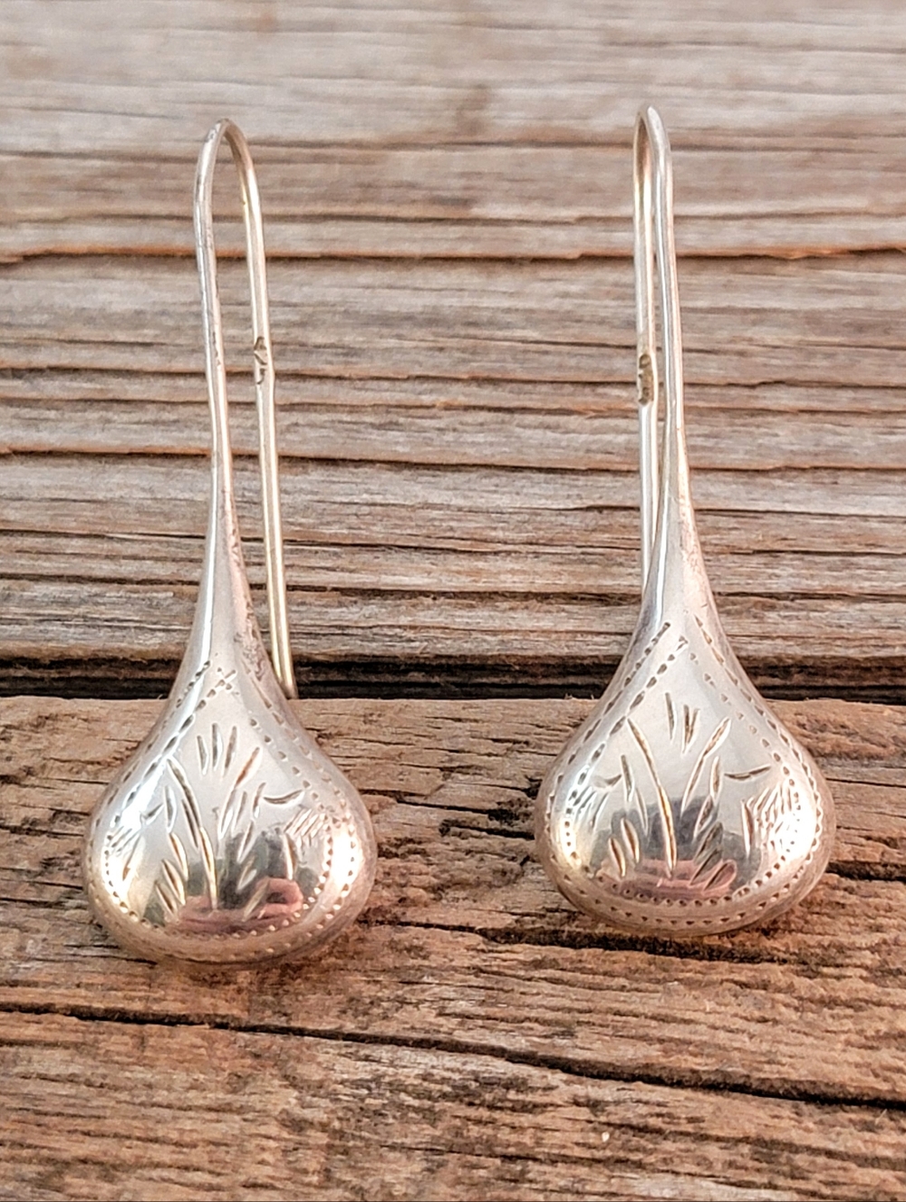 Sterling Artisan Engraved Elongated Bulb Drop Dangle Earrings